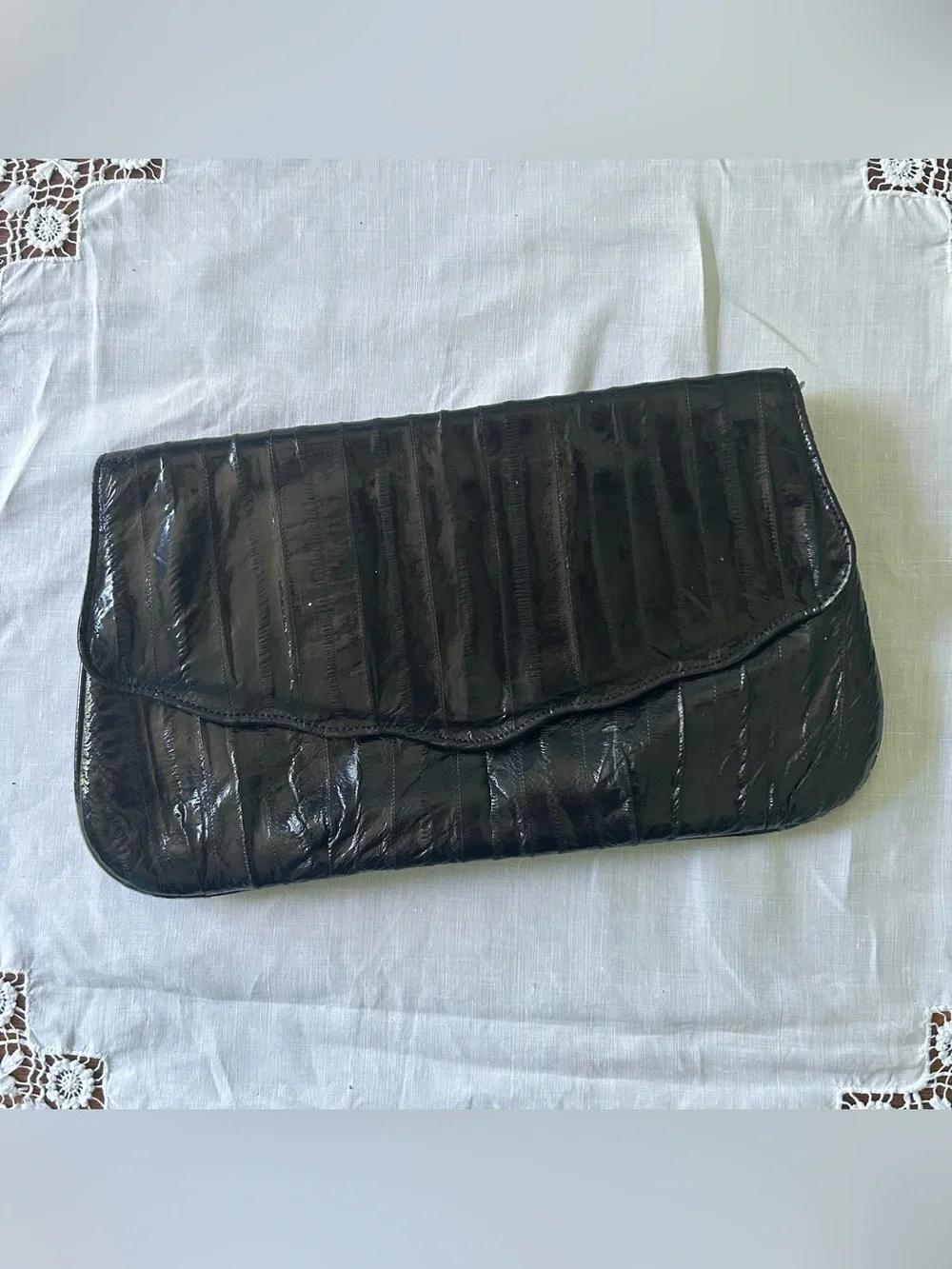 Genuine Eel Skin Black Fold-Over Clutch Wristlet